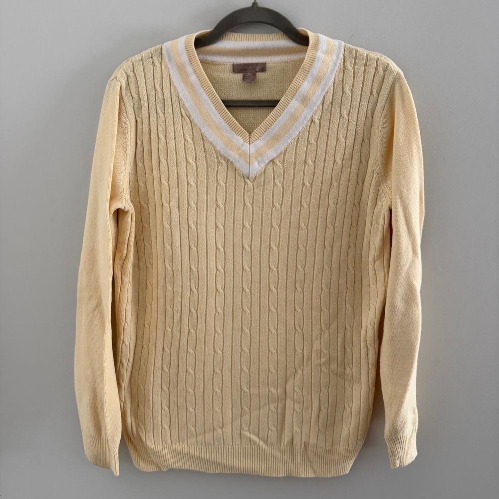 White Stag Womens Pale Yellow Cable Knit V-Neck Sweater Size M 8-10 Retro Sport